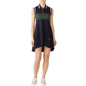 Carven Lace Up Navy Blue Green Mini Collared Polo Shirt Dress Size 38
